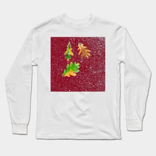 Rainy Leaves on Red Terrazzo Background Long Sleeve T-Shirt